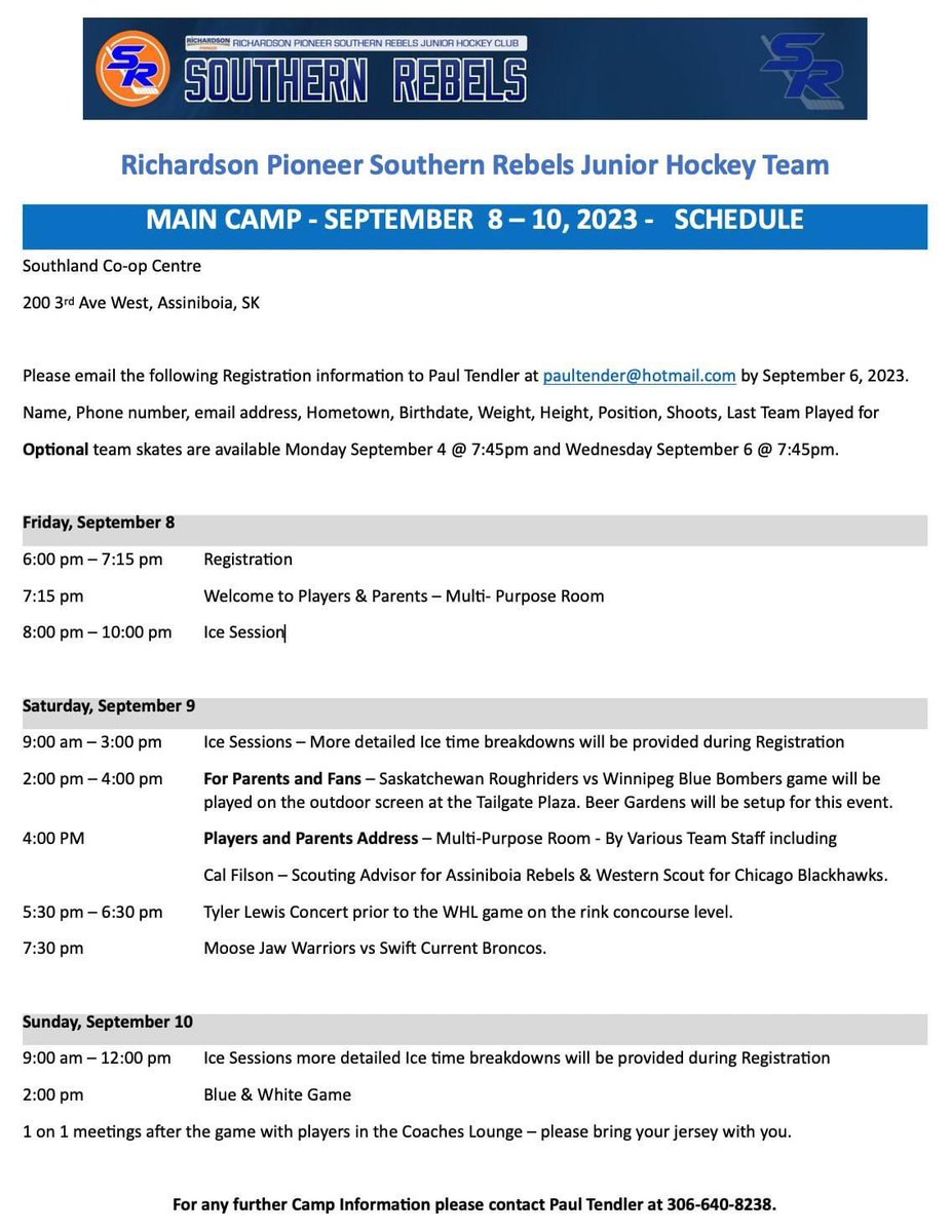 Calling junior age  hockey players looking for exposure or a team to play on…Main Camp is in 2 weeks. Here is the schedule for the weekend. Register by email paultendler@hotmail.com 
#Sjhl  #playherestayhere