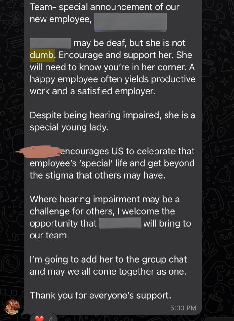 hi guys! the names are blurred for safety reasons as i needed opinion if i should report my soon-to-be ex boss for this? my co worker send me this ss before i was hired/added to the group chat. idk how to feel about it lol.. 

what are your thoughts on this?

 #DeafTwitter