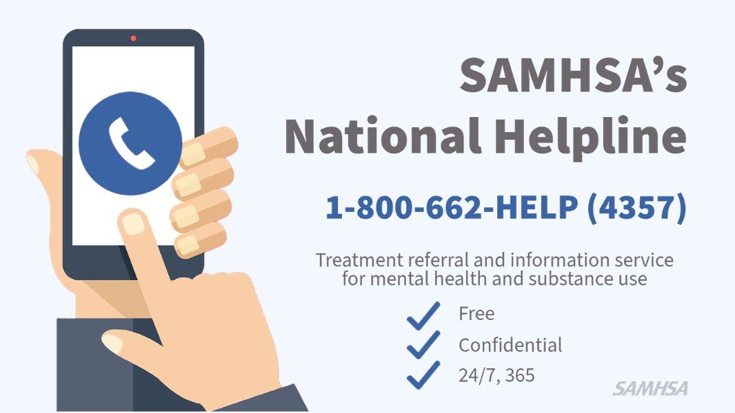 If you or someone you know is seeking help for mental health, substance use, or both, reach out to SAMHSA's National Helpline— a free, confidential, 24/7 treatment referral and information service for individuals &amp; families (in English/Spanish) ➡️ samhsa.gov/helpline