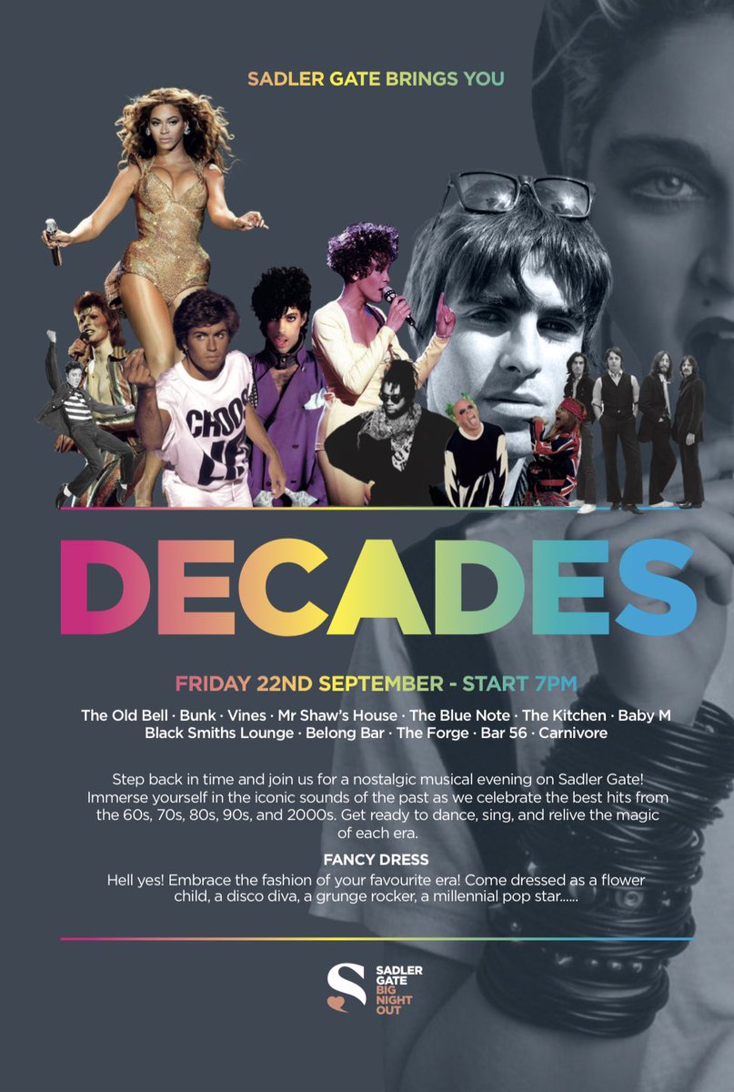 Slowly but Shawly we will breathe life back into Sadler Gate. So many independents already working hard with no support. 

Next up is our Big Night Out - Decades. 

Collectively as a street we are bringing an evening of music Reminiscing. 

#derbyevents #sadlergate #derby