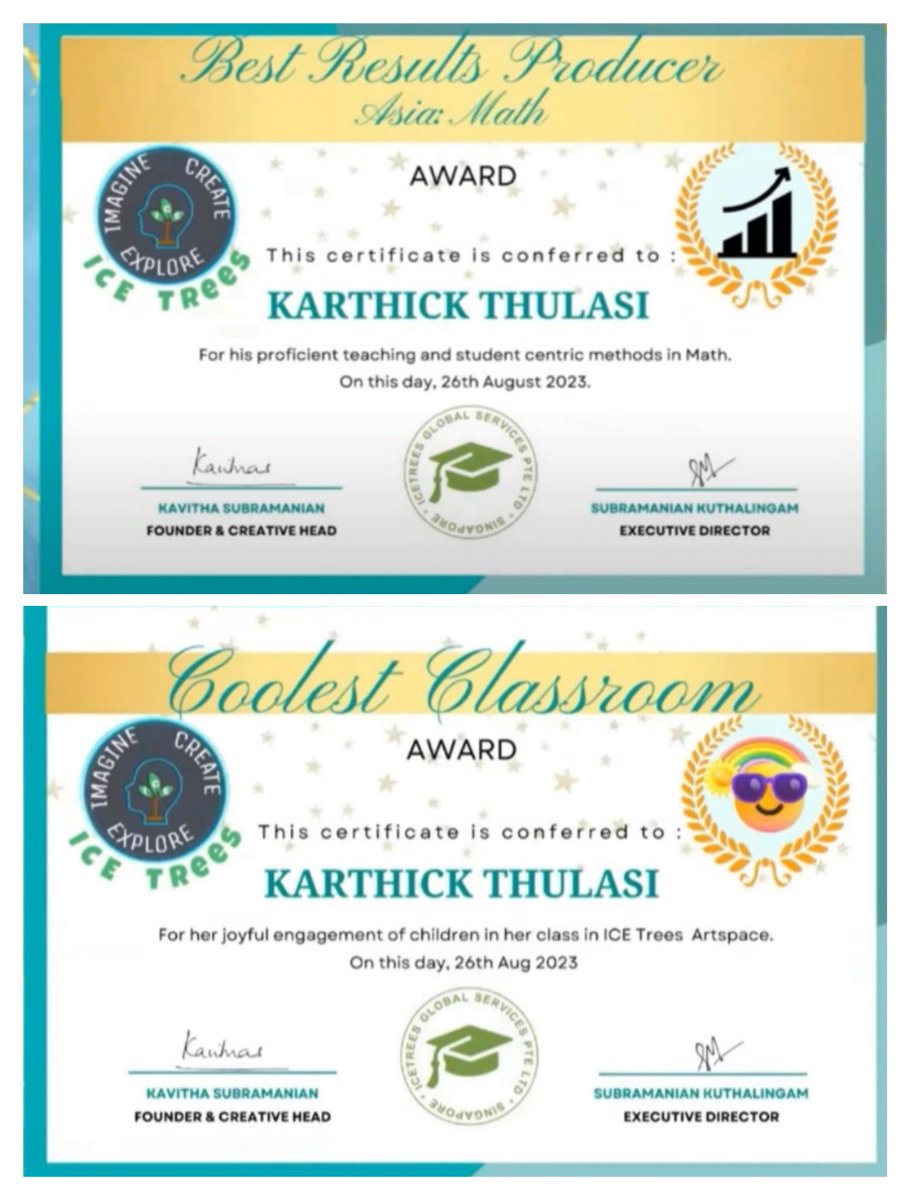 karthickviews's tweet photo. நான் ஆன்லைனில் (Part-time)ஆக பணிபுரியும் சிங்கப்பூரை சேர்ந்த Ed Tech ICE Trees குழுமம், எனக்கு இந்த வருடம் இரட்டிப்பு மகிழ்ச்சியை அளித்துள்ளது.
Best Result Producer & Coolest Classroom awards 😊 😊
#icetrees #math #online #onlinetutor #mathtutor https://t.co/aitEkCUBy1