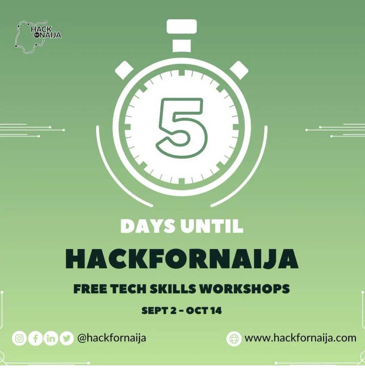 hackfornaija's tweet photo. *5 Days to go!*

HackforNaija Free Tech Skills Workshops
Sept 2 - Oct 14

Our amazing volunteer facilitators will be taking sessions on a wide range of tech specializations! Keep following for updates!

#hackfornaija
#Techskills
#Technology
#hack4naija
#techcareer https://t.co/zH3D6flJWl