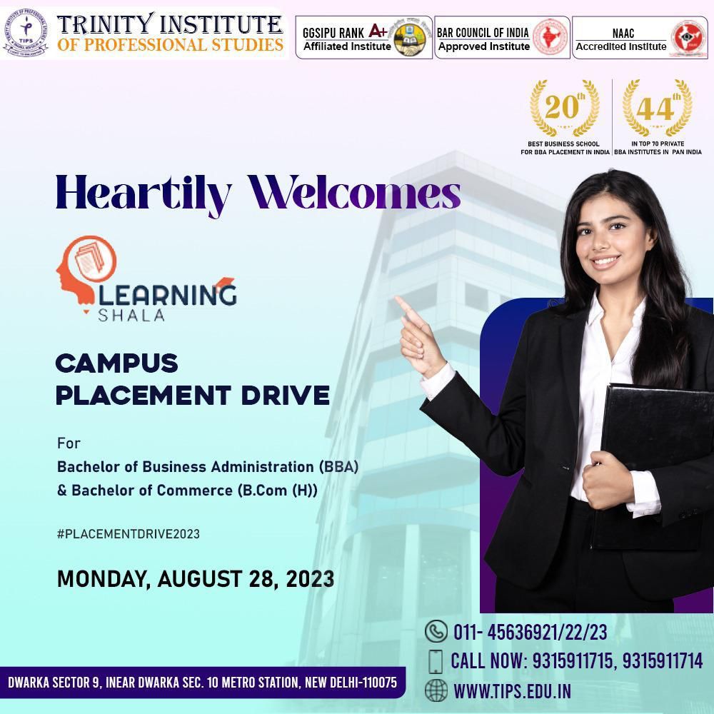 TrinityDwarka's tweet photo. Training and Placement Department, TIPS is organising an ON Campus drive of Learning Shala on Monday ie, August 28,2023  for the students
of https://t.co/s6bQMSQeNo(H) &amp; BBA 2023-24 batch.

Learn more: https://t.co/M4zihna94F

#tips #trinity #trinitydwarka #tipsdwarka #placement https://t.co/XcVNfKphfF