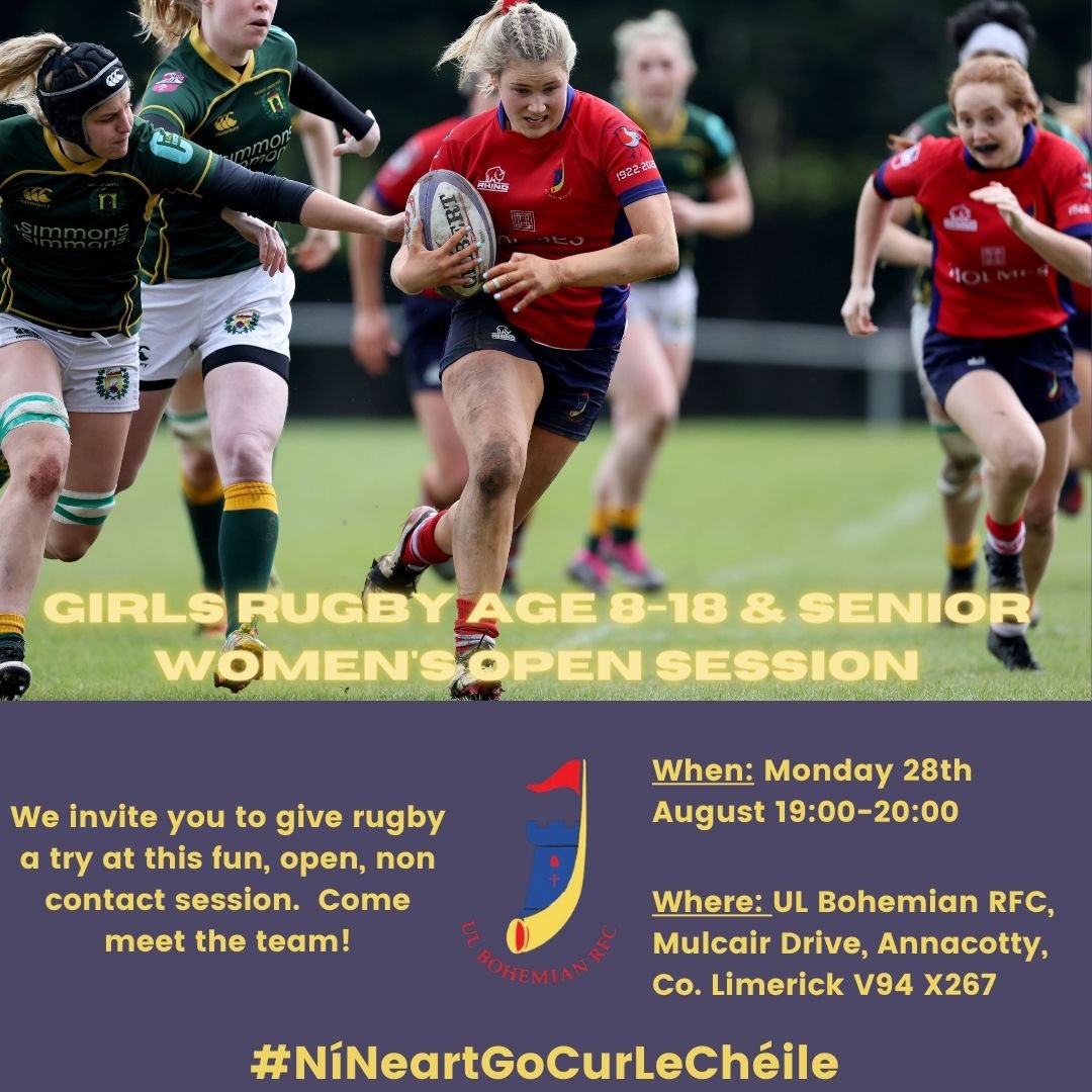 A great opportunity to give girls and women’s rugby a try with @ulbohemianrfc delighted to see new faces over the last few weeks out there having a great time 🙌 Come give it a try ❤️💙❤️💙 #girlsrugby #womensrugby #giveitatry #nothinglikeit #cantseecantbe