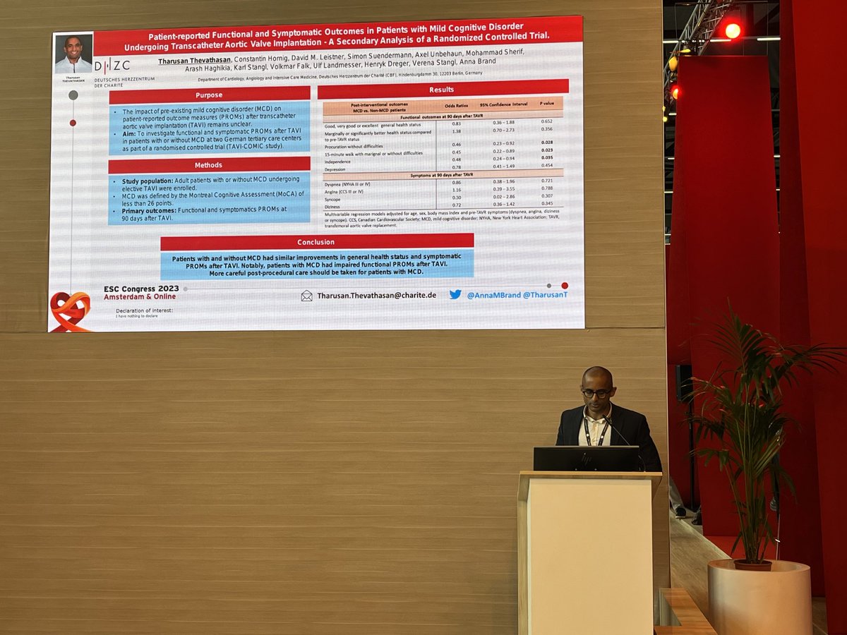 Anna M Brand (@annambrand) on Twitter photo Phantastic talk at #ESC by <a href="/TharusanT/">Tharusan Thevathasan</a> presenting data on PROMs after #TAVI / #TAVR <a href="/dhzcharite/">Deutsches Herzzentrum der Charité</a>
🫀high rate of mild cognitive impairment in TAVI patients
🫀significant effects of MCI on PROMs
🔎supports routine screening for MCI
Great team work with <a href="/HenrykDreger/">Henryk Dreger</a> <a href="/TharusanT/">Tharusan Thevathasan</a> Phantastic talk at #ESC by <a href="/TharusanT/">Tharusan Thevathasan</a> presenting data on PROMs after #TAVI / #TAVR <a href="/dhzcharite/">Deutsches Herzzentrum der Charité</a>
🫀high rate of mild cognitive impairment in TAVI patients
🫀significant effects of MCI on PROMs
🔎supports routine screening for MCI
Great team work with <a href="/HenrykDreger/">Henryk Dreger</a> <a href="/TharusanT/">Tharusan Thevathasan</a>