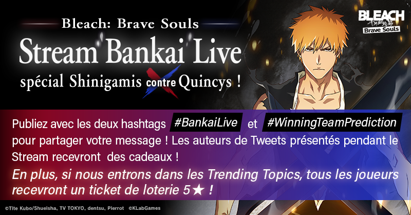 bleachbrs_fr's tweet photo. Bleach: Brave Souls Stream Bankai Live spécial Shinigamis contre Quincys! commence à 11:00 (GMT) !
L'équipe Morita affrontera l'équipe Sugiyama !
Twittez vos messages pour le Stream Live en utilisant les hashtags #BankaiLive et #WinningTeamPrediction!
Regardez ici : https://t.co/ggnJxfpgkw