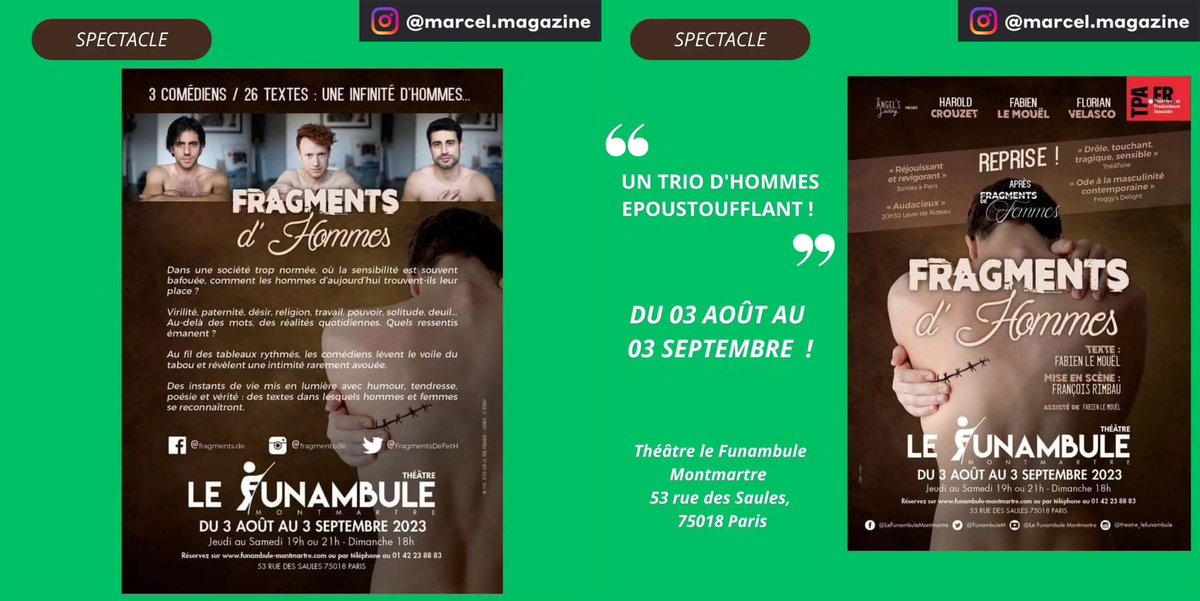 FragmentsDeFetH's tweet photo. 𝗖𝗥𝗜𝗧𝗜𝗤𝗨𝗘 « 𝗙𝗥𝗔𝗚𝗠𝗘𝗡𝗧𝗦 𝗗’𝗛𝗢𝗠𝗠𝗘𝗦 » :
« Un trio d’hommes époustouflant ! »
Merci @MarcelMagazine.

JUSQU’AU 3 SEPTEMBRE 2023
Jeudi au Samedi 19h ou 21h - Dim. 18h
https://t.co/3U5YOdhxdA https://t.co/3efHFoMzwI