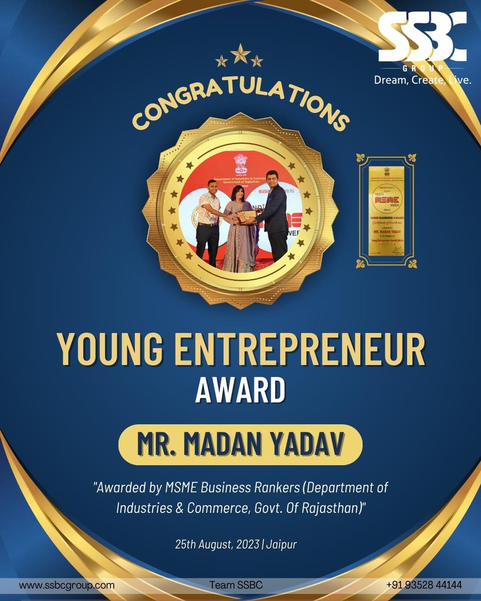 group_ssbc's tweet photo. Congratulations Madan sir on being awarded with YOUNG ENTREPRENEUR AWARD by MSME Business Rankers (Department of Industries &amp; Commerce, Govt. Of Rajasthan) https://t.co/rr10fJqTBP