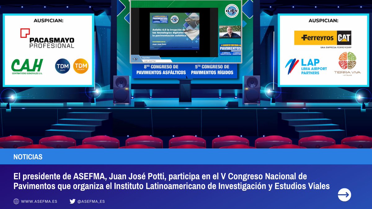 asefma_es's tweet photo. ¿Os perdísteis la conferencia de nuestro presidente @jjpotti en #ILIEVLima?
Abordó el concepto de #Asfalto4punto0 y la irrupción de las tecnologías digitales en la pavimentación asfáltica
☝️¡Aún estáis a tiempo de ver su ponencia en diferido desde: https://t.co/YyuKMw8nKU! https://t.co/OCYv0q1ViW