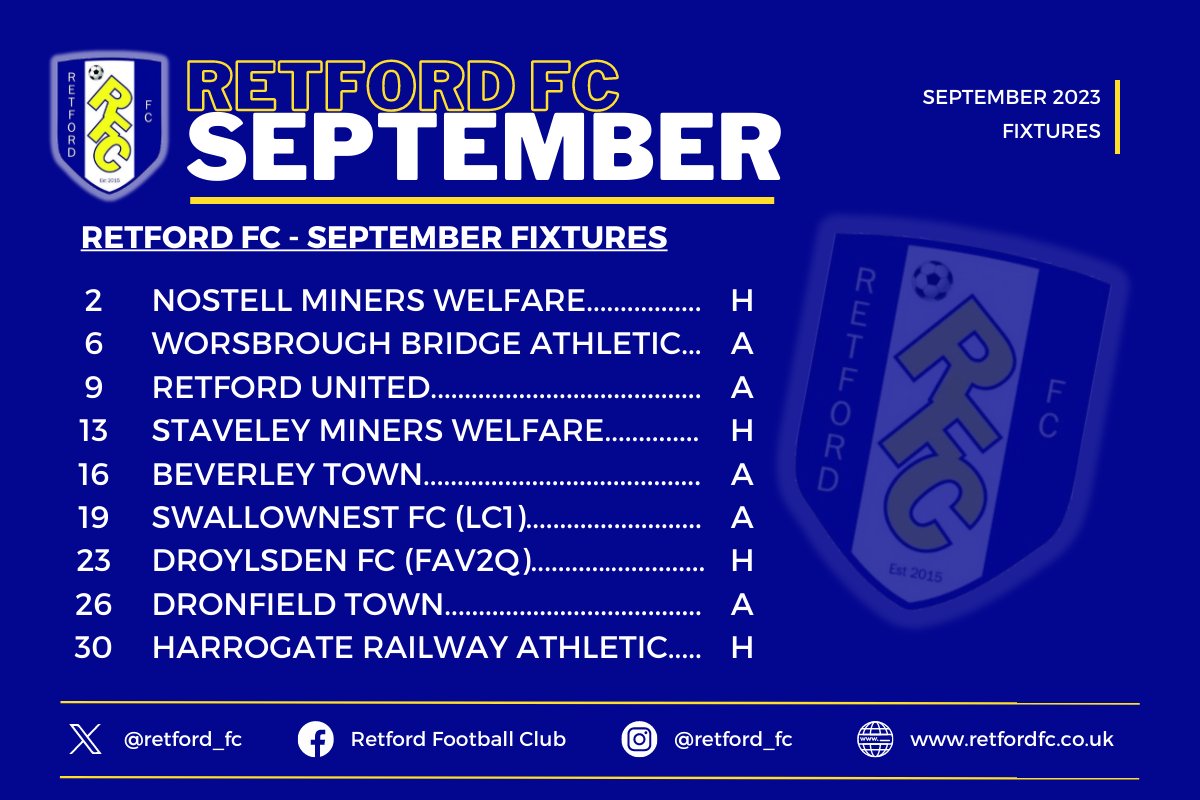 Retford_FC's tweet photo. Wow!

What a month September will be! - nine games to come including the #FAVase, #NCEL League Cup and the matter of a local derby against @RetfordUnited 

#BusyMonth #NonLeague #Gameskeeponcoming https://t.co/AH9o8ywxbi