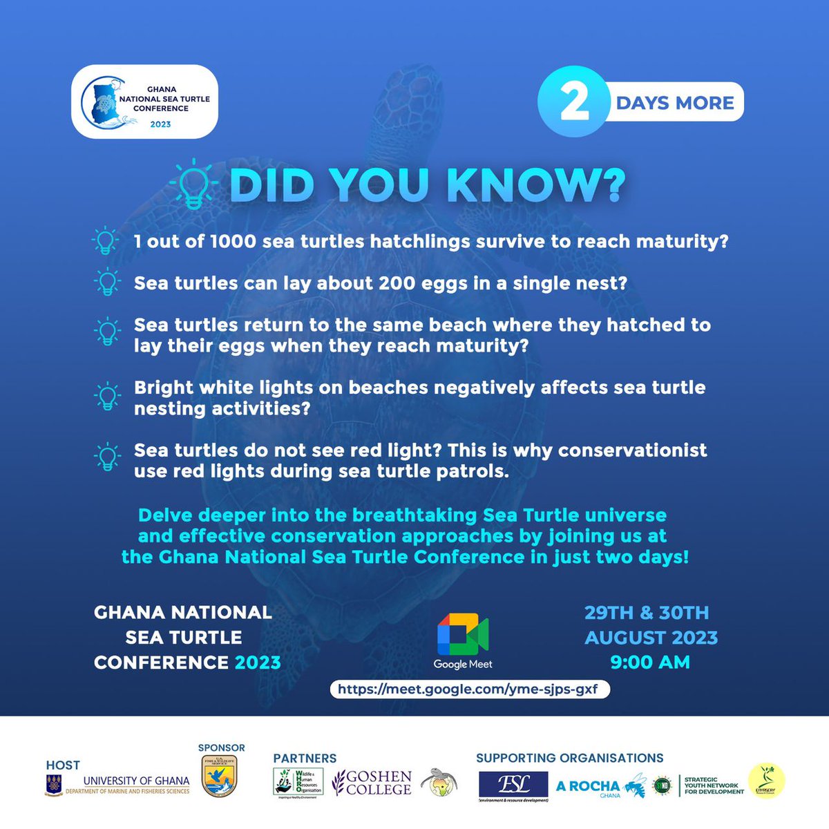 2️⃣ days to go 🚀 
Do you want to learn interesting facts about sea turtles? 

Join us on the 29th and 30th of August, 2023, to take part in the 2nd Ghana National Sea Turtle Conference 2023

Link: forms.gle/xpMgYiGVPaJfeY…

#SeaTurtleConferenceGH #MarineConservation #SaveTheTurtles