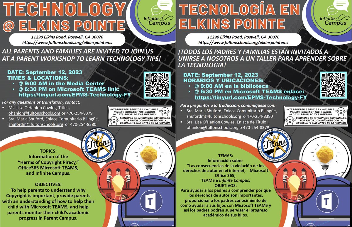 PARENT UNIVERSITY WORKSHOP: All parents are invited to 'Technology at the Pointe' @ 9AM in the Media Center or @ 6:30PM on Microsoft TEAMS: tinyurl.com/EPMS-Technolog…. *Learn about Harms of Copyright, Infinite Campus & Technology. @epmsprincipal @elkinspointe