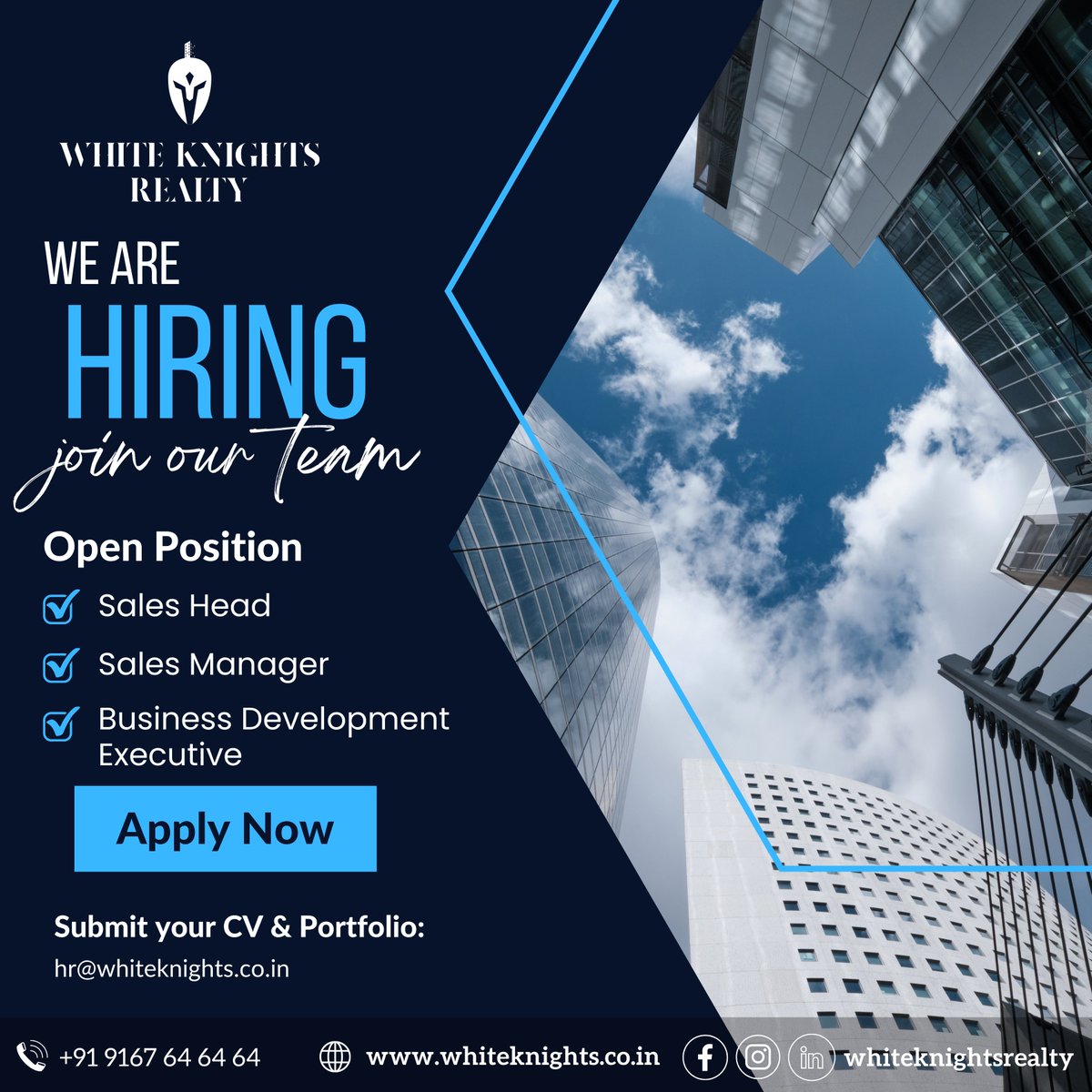 Join our dynamic team at White Knights Realty and unleash your sales prowess!
We're seeking passionate Sales Head, Sales Manager, and Business Development Executive to drive success in the real estate world.
Elevate your career with us today!
#WhiteKnightsRealty #SalesOpportunity