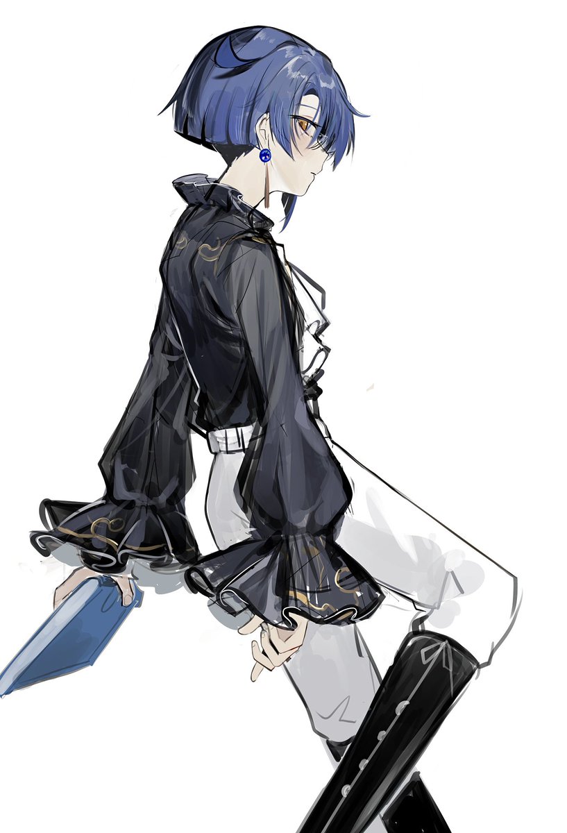 xingqiu (genshin impact) 1boy solo male focus blue hair frilled sleeves jewelry white background  illustration images