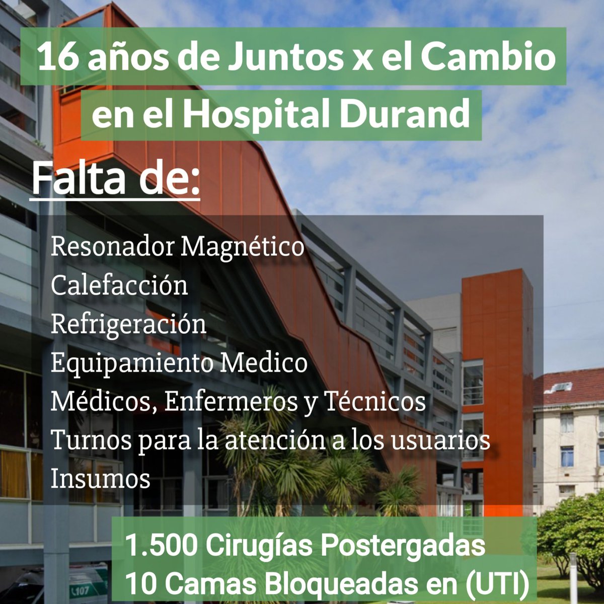 #Salud
Hace 16 años venimos exigiendo a los políticos de <a href="/juntoscambioar/">JxC Juntos por el Cambio</a>, que mejoremos la situación del #HospitalDurand para los Miles de pacientes que vienen a atenderse en la Ciudad más rica.
Sin Respuestas, Sin diálogo, Sin voluntad de mejorar en sistema sanitario.