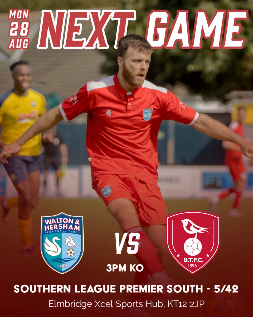 𝗧𝗢𝗠𝗢𝗥𝗥𝗢𝗪 ➡️

No time to rest as we host <a href="/BracknellTownFC/">Bracknell Town FC</a> on Bank Holiday Monday in what is sure to be an entertaining contest

🎟️ Advance tickets are available to purchase at waltonhershamfc.ktckts.com, turnstiles open at 1.30pm for the 3pm KO

See you there! | #SwansRise 🦢
