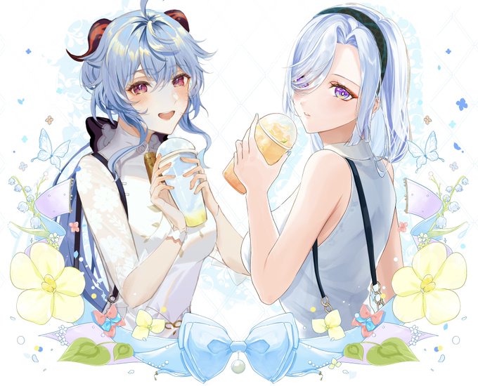 HEYTEAコラボの甘雨、申鶴の衣装で合作絵描きました〜京さんありがとうございました!  甘雨京( ) 申鶴あらの()