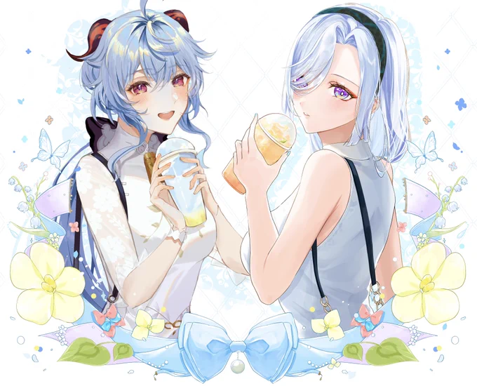 HEYTEAコラボの甘雨、申鶴の衣装で合作絵描きました〜京さんありがとうございました!  甘雨京( ) 申鶴あらの()