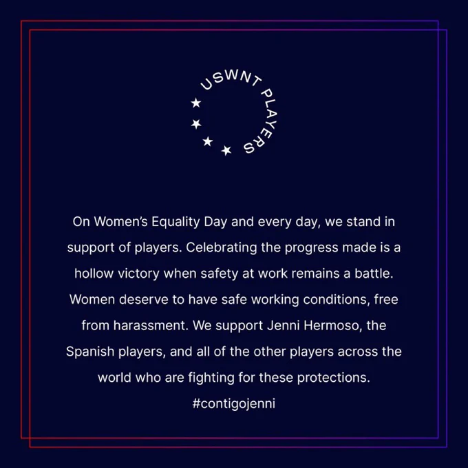 Erafutbolfem's tweet photo. ✍️ Comunicado de la selección de Estados Unidos a través de @SHEscoresbanger:

🗣️"En el día de la igualdad de la mujer y todos los días, estamos apoyando a las jugadoras. Celebrar el progreso conseguido es un triunfo vacío cuando la seguridad en el trabajo sigue siendo una batalla"

🗣️"Las mujeres merecen tener condiciones seguras de trabajo, libre de abusos. Apoyamos a Jenni Hermoso, a las jugadoras españolas y a todas las jugadoras alrededor del mundo que están luchando para estas protecciones"