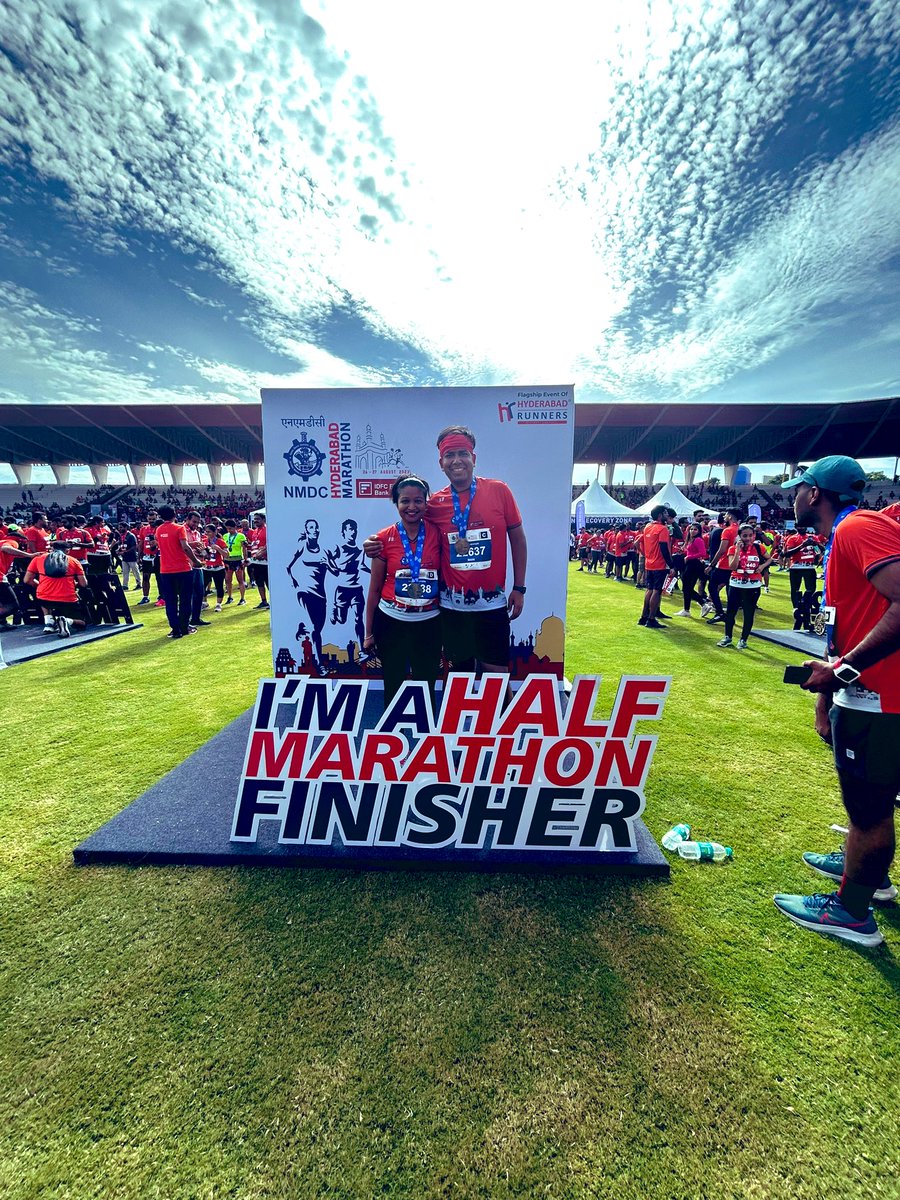mani_agin's tweet photo. Completed #halfmarathon organised by @Marathon_Hyd. This time it’s special becoz of our 1st couple HM with @AgrawalSunanda. Thx to our coach for pushing us to do more. Looking forward to improve pb in next run.Amazing runners group &amp; cheering crowd throughout #apnehyderabadkeliye https://t.co/OpYpes1VCr