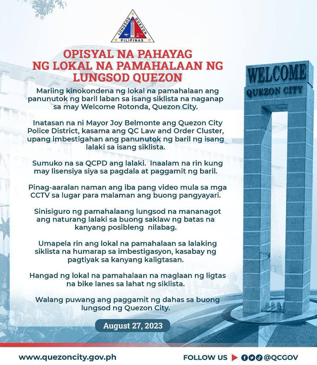 Quezon City Mayor Joy Belmonte condemns an incident involving a car driver who pulled out a handgun on a cyclist. 

The driver is already under the custody of the QC Police District, according to Belmonte. | via <a href="/jpatrickcruz_/">Patrick Cruz</a>