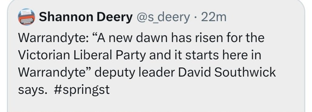 The 'new dawn' for the Vic Libs is the dawning realisation that it can only win or hold onto seats if Labor decides not to field a candidate. 😏 #springst #WarrandyteVotes