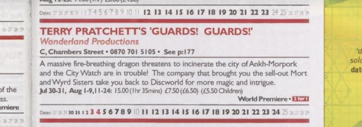 mickdee46's tweet photo. @rhipratchett @terryandrob This version of Guards Guards at #edfringe 2003  was unbelievably good. The chap who played Vetinari was young but perfect for him. Pic credit https://t.co/v130pWpSh6 https://t.co/mRv00c8A5p