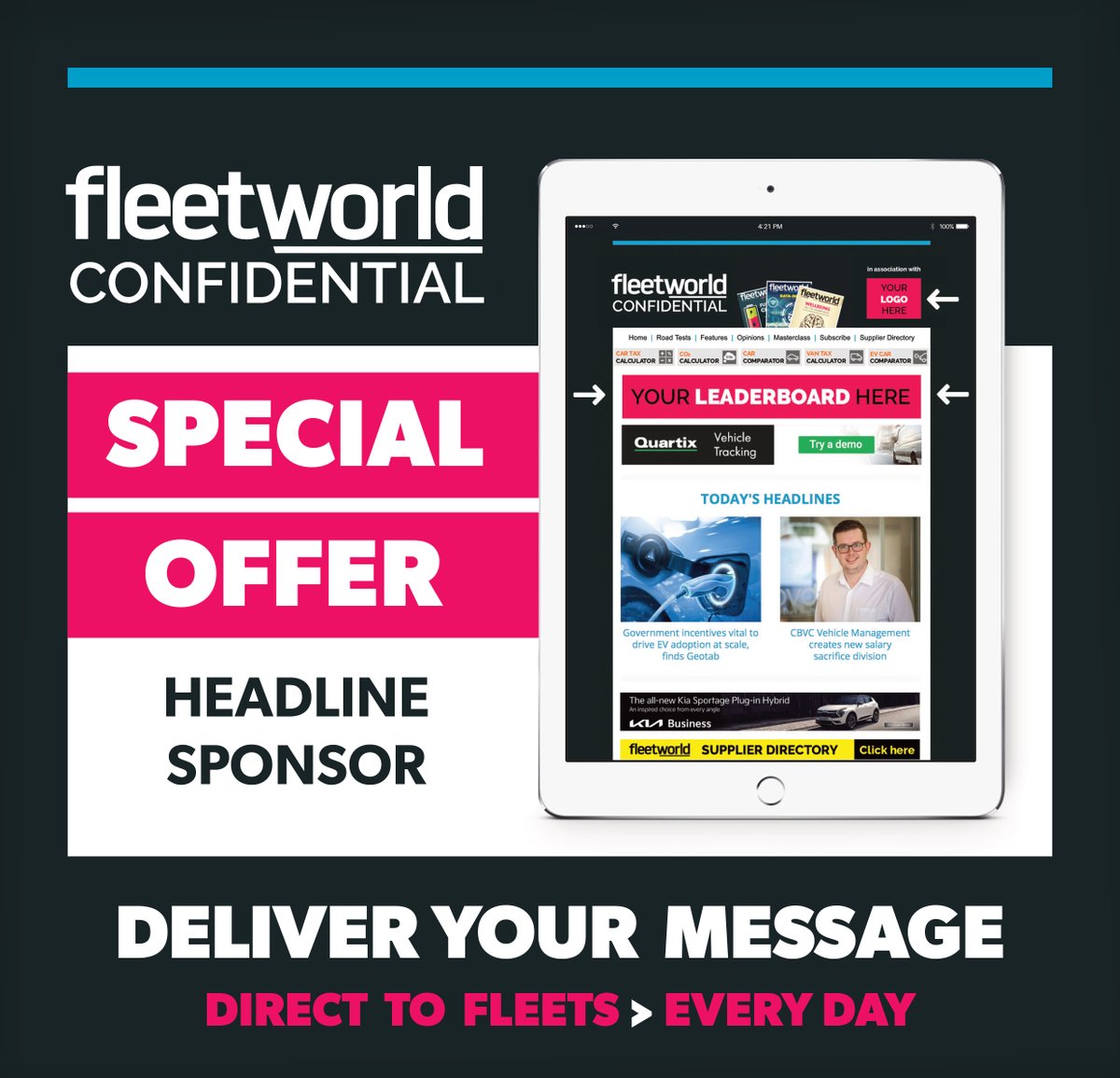 FleetWorldGroup's tweet image. FLEET WORLD CONFIDENTIAL is a weekly newsletter emailed to influential UK fleets, including fleet managers, automakers, and leasing company staff. 

Reach out to info@fleetworldgroup.co.uk or dial 44 (0)1727 739160 for more info.

#Fleetworld #fleetnews  #EV #fleetmanagement