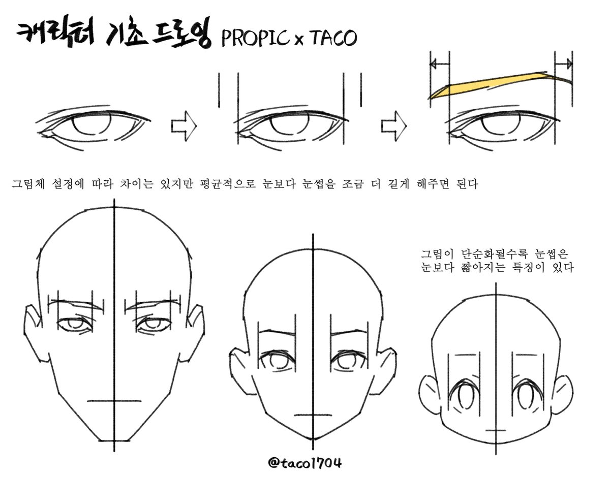 그림체 설정에 따라 차이는 있지만 평균적으로 눈보다 눈썹을 조금 더 길게 그리고 단순화된 눈일 때는 눈보다 눈썹이 같거나 점점 짧아진다