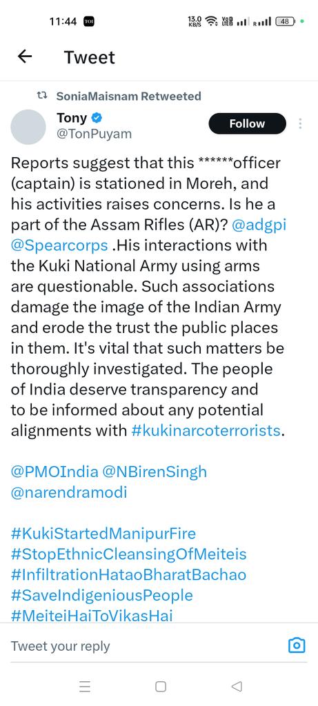 bravo723215669's tweet photo. Meitei community started spitting poison against Assam Rifles and the Indian Army once their 212 displaced civilians reached Imphal Valley safely. 

#MeiteiRapists 
#MeiteiTerrorists 
#Meitei_Separatists 
#MeiteiLiesXposed 
#Meitei_Anti_Indian #MeiteiMilitants https://t.co/el17lgxpfZ