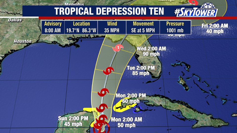 Tropical Depression Ten continues to meander, but nearing tropical storm strength. It's expected to strengthen into a hurricane as it moves into the eastern Gulf early this week and could be stronger than forecast. Now is a good time to review your hurricane plan.