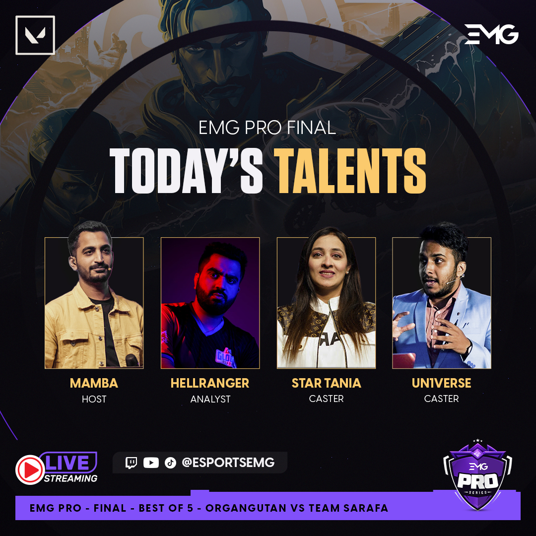 Esports Management Group (@esportsemg) on Twitter photo ๐ฃ South Asia talents are here and ready to voice the EMG PRO Final for you! ๐ท
๐ฅ <a href="/SenorMamba/">Ranjit Patel</a>, @GE_HellrangeR, <a href="/TaniagamingYT/">taniagamingYT</a> and <a href="/im_un1verse/">GE Universe</a> are all set to narrate the unfolding action as the teams clash!! ๐ท
#EMG #EMGLeague #EMGPro #Valorant #Esports ๐ฃ South Asia talents are here and ready to voice the EMG PRO Final for you! ๐ท
๐ฅ <a href="/SenorMamba/">Ranjit Patel</a>, @GE_HellrangeR, <a href="/TaniagamingYT/">taniagamingYT</a> and <a href="/im_un1verse/">GE Universe</a> are all set to narrate the unfolding action as the teams clash!! ๐ท
#EMG #EMGLeague #EMGPro #Valorant #Esports