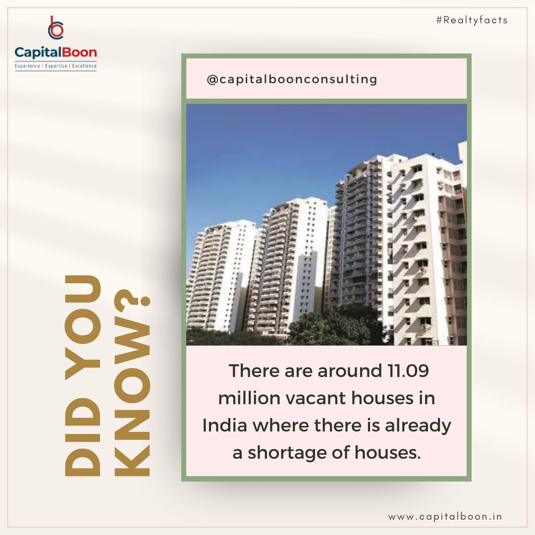 There are around 11.09 million vacant houses in India where there is already a shortage of houses.
#capitalboon #capitalboonconsulting #india #vacant #RealEstateIndia #RealtyIndia #RealEstateFactsIndia #RealtyFactsIndia