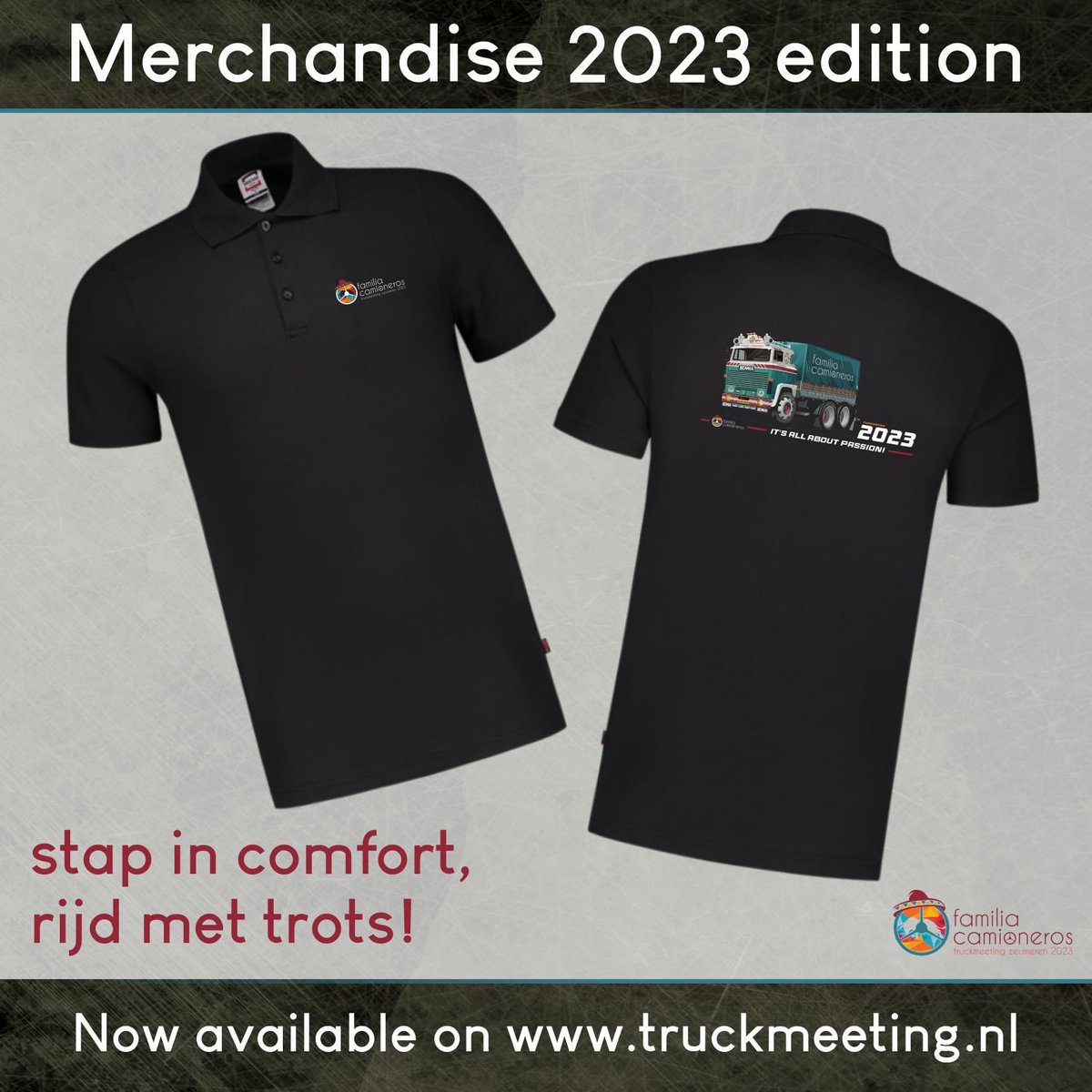 Onze nieuwe 2023 edition merchandise dragen op de Familia Camioneros Truckmeeting?

Bestel het dan nu! Want bestel jij het voor morgenmiddag 12:09 (1 2 - 9😜) dan zorgt Kuizenga bedrijfskleding ervoor dat jij het kunt ophalen in de mobiele showroom van Tricorp Workwear.