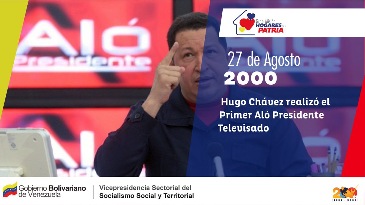 #Efemérides 🗓️| El programa: Aló Presidente se transmitió por primera vez para Venezuela y el mundo a través de la pantalla de <a href="/VTVcanal8/">VTV CANAL 8</a> hace 23 años. El espacio conducido por el entonces Jefe de Estado y Comandante Hugo Chávez, revolucionó la comunicación audiovisual. 

#27Ago