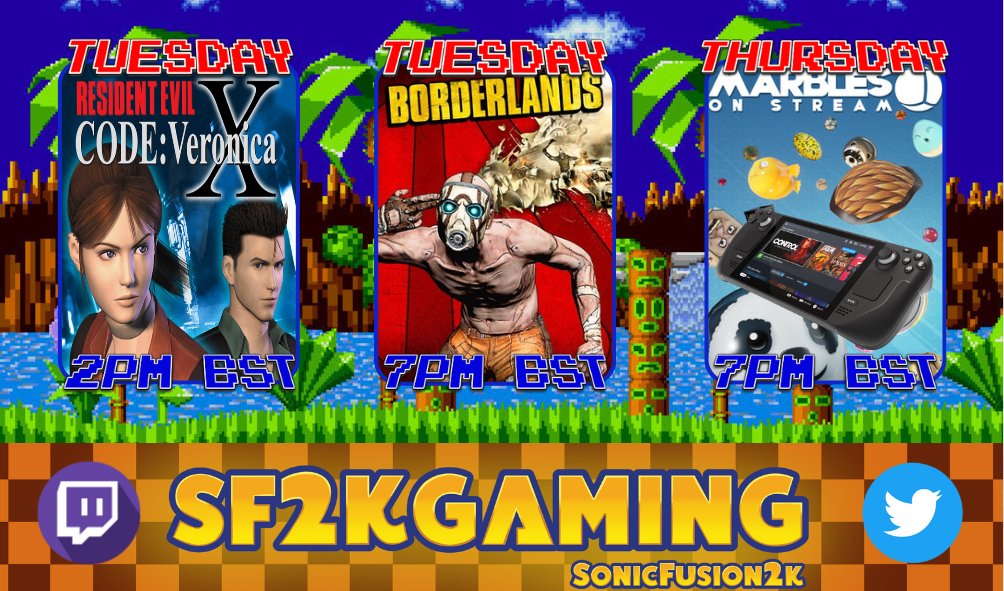 SonicFusion2K's tweet photo. This week's schedule is here!
Tuesday will hopefully be the final chapter of Resident evil: Code Veronica
Tuesday will be @ramcycle78's turn to host TTT on #Borderlands 
Thursday we play with marbles for @raffledup 4th anniversary with a Steam deck to #giveaway and some credit! https://t.co/hUwFucskAk