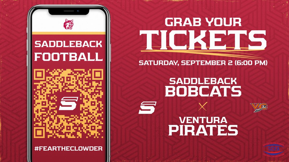 Saddleback Bobcats (@goscbobcats) on Twitter photo ******GET YOUR TICKETS******
Only six days until opening day against Ventura. Get your tickets now and avoid the rush later.
Scan and scroll down to football.
<a href="/VCPirateFB/">Ventura College Football</a> <a href="/VCAthletics/">VCPirateAthletics</a> <a href="/Saddleback_FB/">Saddleback College Football</a> <a href="/SaddlebackColl/">Saddleback College</a> <a href="/3C2Asports/">3C2A</a> <a href="/OCSportsZone/">OC Sports Zone</a> <a href="/JPWestMedia/">JPWest Media</a> <a href="/scfafootball/">Southern California Football Association</a> ******GET YOUR TICKETS******
Only six days until opening day against Ventura. Get your tickets now and avoid the rush later.
Scan and scroll down to football.
<a href="/VCPirateFB/">Ventura College Football</a> <a href="/VCAthletics/">VCPirateAthletics</a> <a href="/Saddleback_FB/">Saddleback College Football</a> <a href="/SaddlebackColl/">Saddleback College</a> <a href="/3C2Asports/">3C2A</a> <a href="/OCSportsZone/">OC Sports Zone</a> <a href="/JPWestMedia/">JPWest Media</a> <a href="/scfafootball/">Southern California Football Association</a>