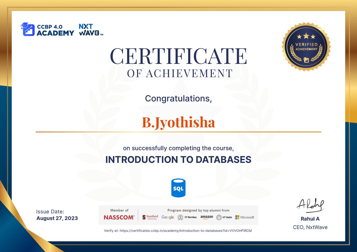 JyothishaB's tweet image. Hello Everyone!!
Received my certificate for completing SQLite.
#nxtwavewrap 
#rahulattuluri 
@nxtwave_tech 
@rahulattuluri 
@sashankreddy07