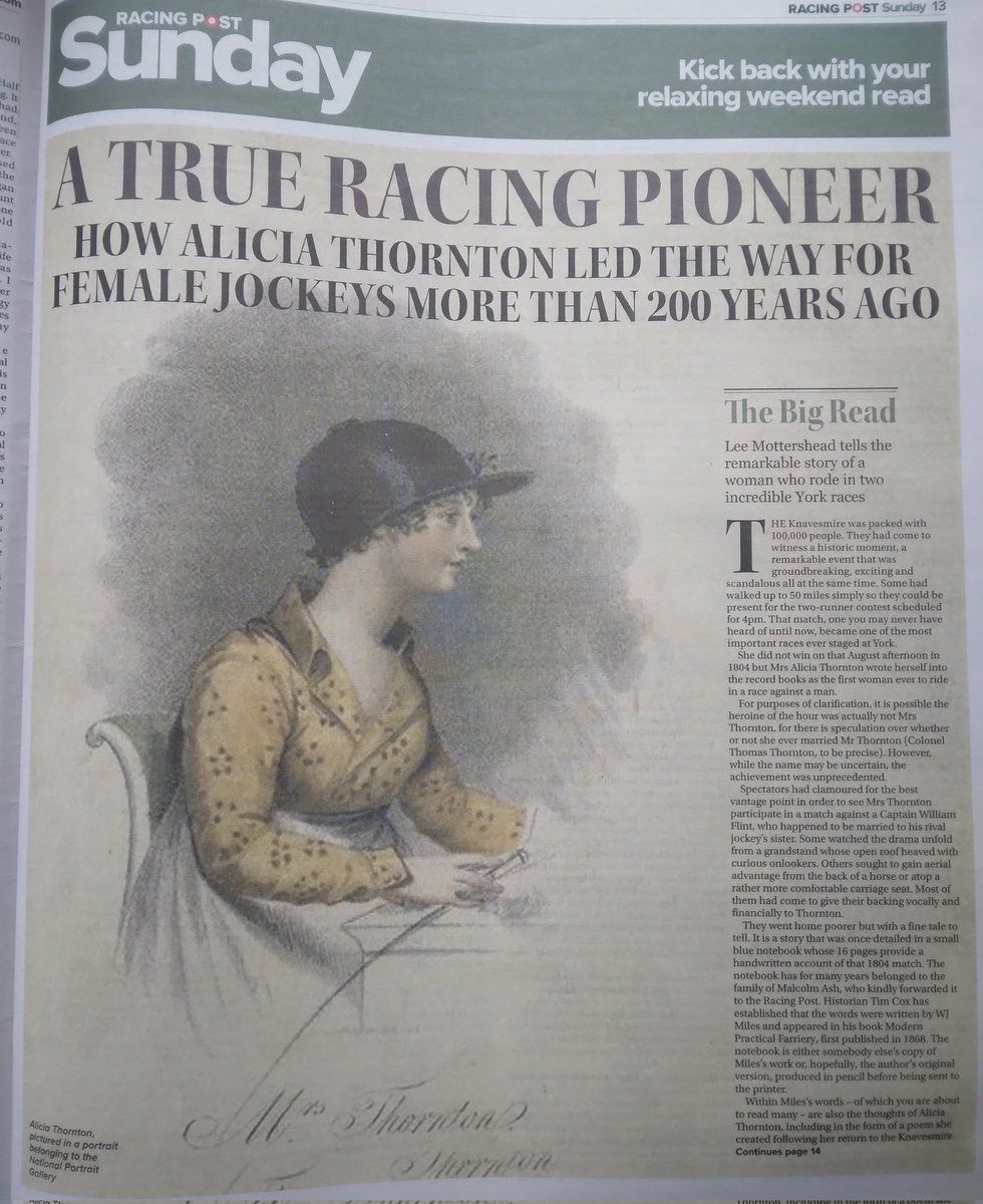 ehlyons's tweet image. Really wonderful to see this piece on Alicia Thornton, the trailblazing female jockey from the #c19th, in today's @RacingPost 
#wmnhist #horseracing #history