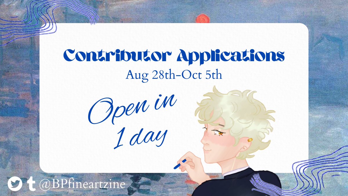 🎨Contributor Applications🎨 Hello Everyone! Only ONE DAY LEFT until our contributor applications open! We're ready to review those wonderful pieces~🖌️ #blueperiod #ブルーピリオド #Fanzine