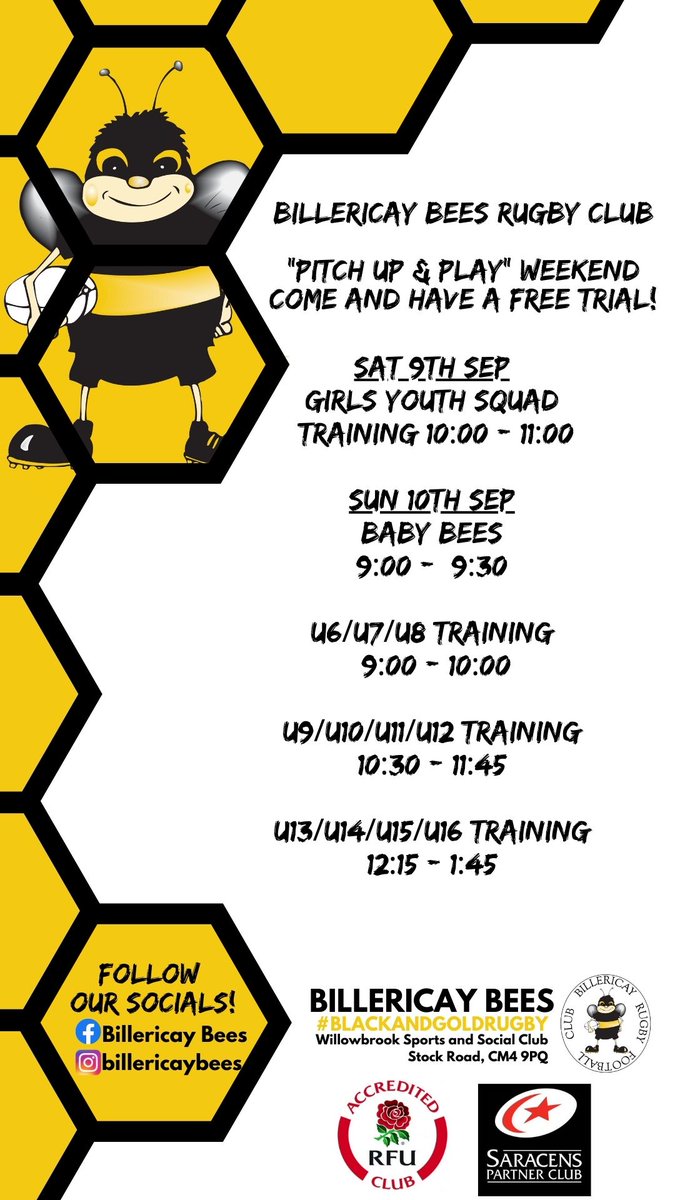 Billericay Bees Junior Rugby Club are hosting a 'Pitch up and Play' weekend for new players to come along, have a free trial and see what makes Billericay RFC such a great place to play a team sport, keep healthy and make new friends!
Email billericaybees@gmail.com for info...