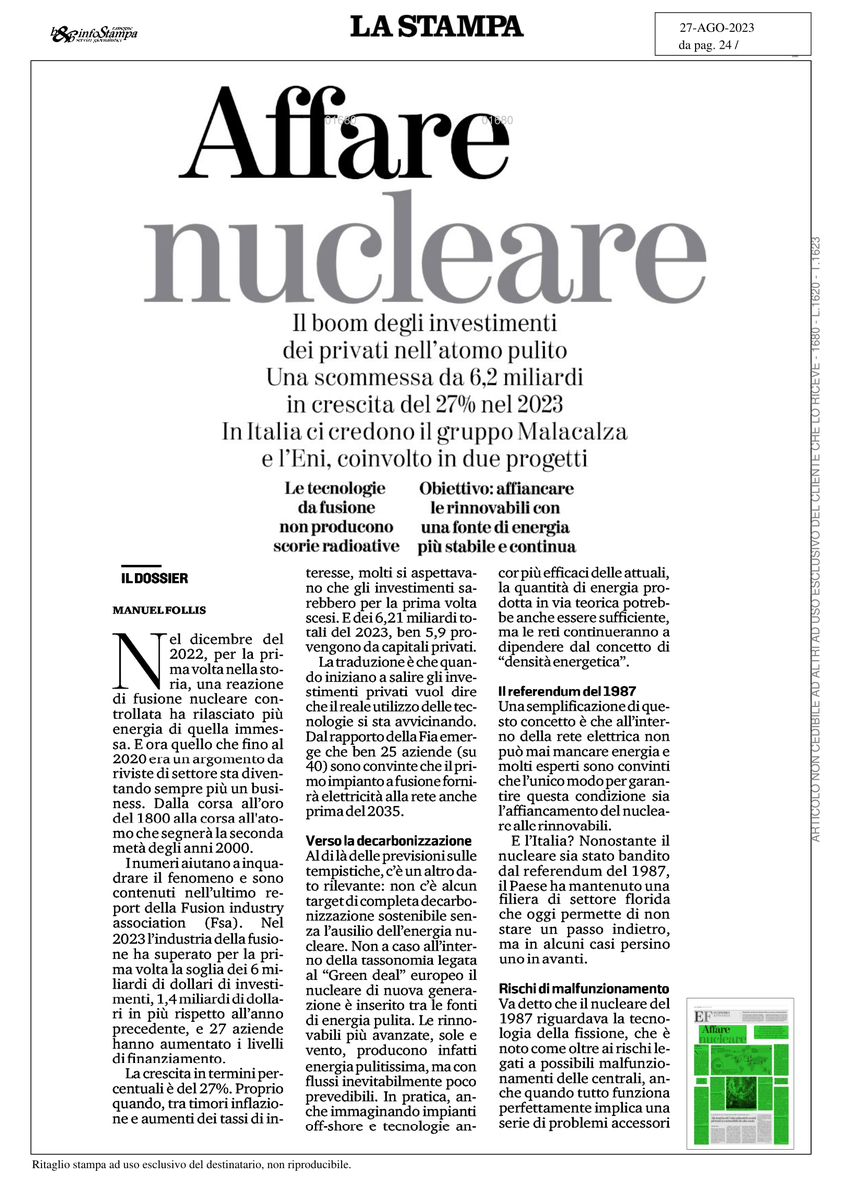 ASGsconductors's tweet photo. A very interesting article on growing private #investment in fusion #energy and its importance for the energy mix of the future. With mention of ASG Superconductors technology as well. Thank you to Manuel Follis.
.
.
.
#greendeal #ITER #magneticonfinement #Gauss #nuclearfusion https://t.co/jNw4ncR78T