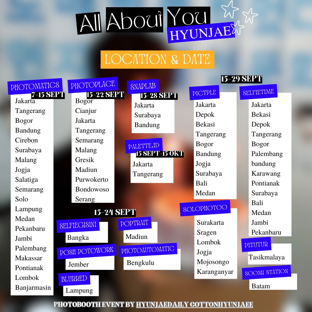 𝑨𝒍𝒍 𝑨𝒃𝒐𝒖𝒕 𝒀𝒐𝒖, 𝑯𝒚𝒖𝒏𝒋𝒂𝒆🩵

Hyunjae's Birthday Photobooth Event by Cottonhyunjaee &amp; Hyunjaedaily

🗓 Sept 7 - Oct 15, 2023
📍 14 Photobooth di Indonesia
🧸 Details cek twt <a href="/cottonhyunjaee/">shafa</a> / IG hyunjaedaily

Jangan lupa foto yaa deobi 🩵

#0913_AllAboutHyunjaeDay