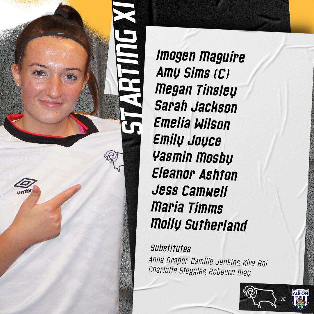 DCFCWomen's tweet image. 𝗦𝗧𝗔𝗥𝗧𝗜𝗡𝗚 𝗫𝗜 

Here’s how your Ewes line-up for today’s cup match against @WBAWomen 

New signing Rebecca May is on the bench. 

#Ewes #DCFCW 🐏