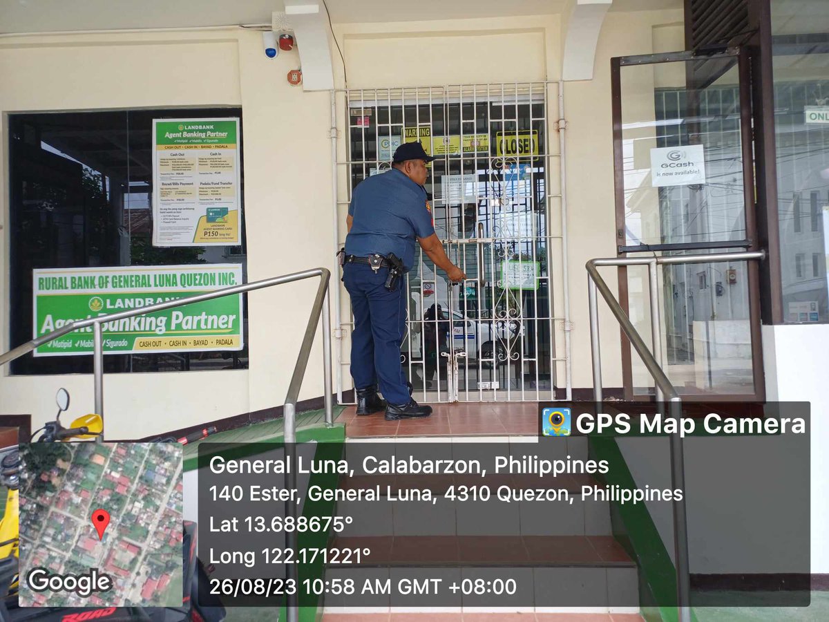 generalluna_mps's tweet photo. On August 26, 2023 from 10:55 AM onwards, personnel of General Luna MPS led by PSMS John Carlos C Marquez conducted patrolling and visitation/inspection at Peninsula Pawnshop/Palawan Express Pera Padala and Rural Bank of General Luna (Quezon) Inc. https://t.co/cQyc2KAFXY