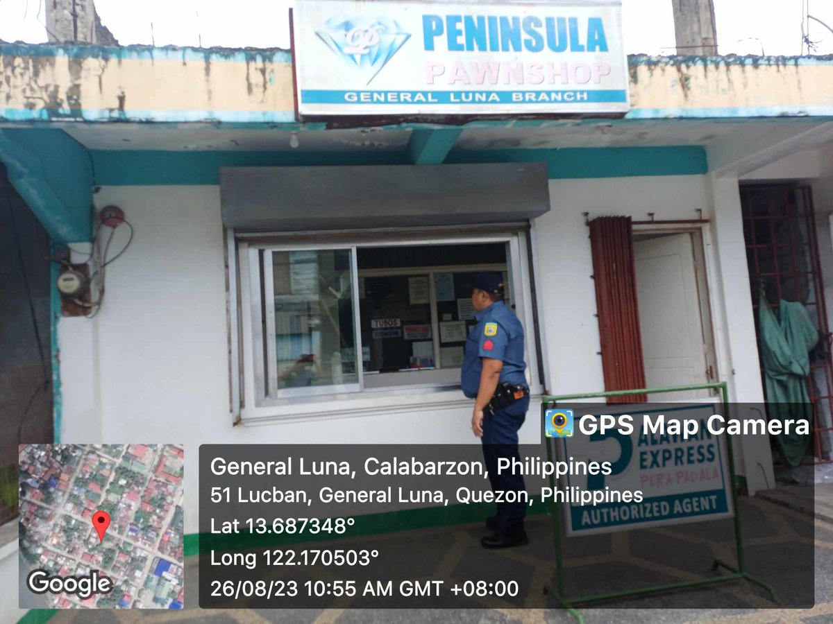 generalluna_mps's tweet photo. On August 26, 2023 from 10:55 AM onwards, personnel of General Luna MPS led by PSMS John Carlos C Marquez conducted patrolling and visitation/inspection at Peninsula Pawnshop/Palawan Express Pera Padala and Rural Bank of General Luna (Quezon) Inc. https://t.co/cQyc2KAFXY