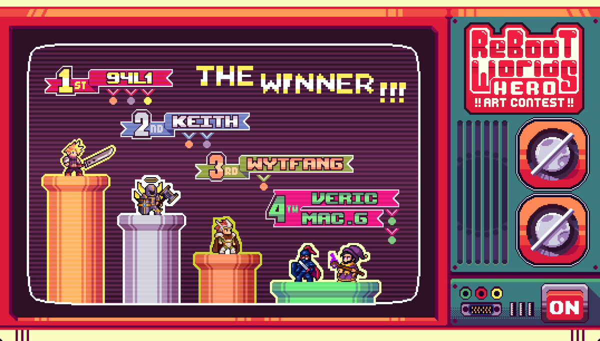 rebootworlds's tweet photo. ๐ Hero Art Contest Winners ๐
1st: @94L1_
2nd: @Bangkitha
3rd: @pixelgemsx
Runner Ups: @VericSol and @macgargan482737
Congratulations and thank you to everyone that submitted such dope pixel heroes!
#GetReBooted