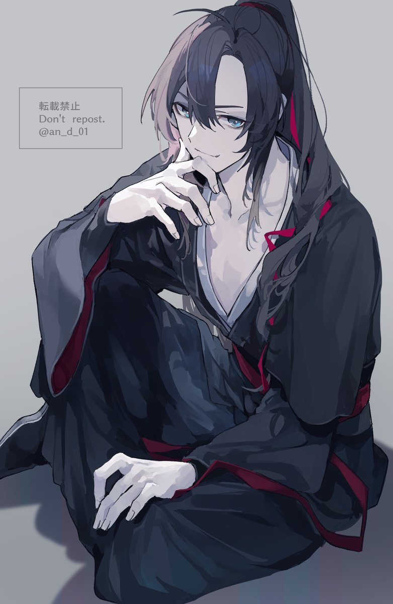 1boy male focus solo long hair black hair ponytail looking at viewer  illustration images