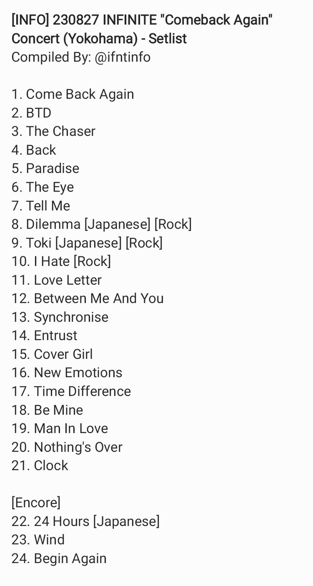 ifntinfo's tweet photo. [INFO] 230827 INFINITE "Comeback Again" Concert (Yokohama) - Setlist 

#인피니트 https://t.co/JG4powjlLg