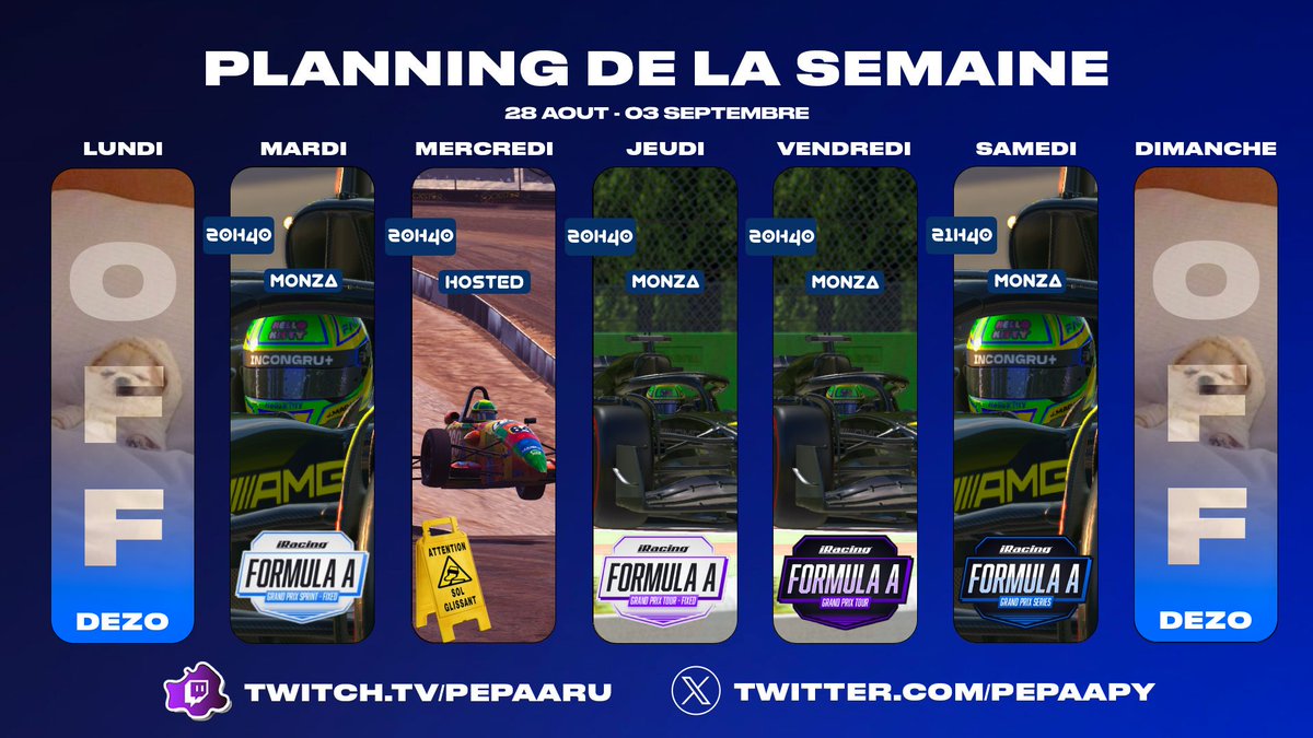 Planning de la semaine! 

Nouvelle semaine F1 sur Monza... 

Rdv comme la semaine dernière jeudi et vendredi 21h pour les courses GrandTour Fixed et Open 

bon dimanche et prenez soin de vous ♥️🚀
